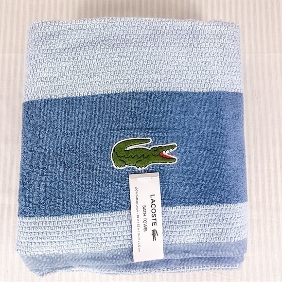 Lacoste Bath Towels Blue Big Crocodile Logo 30" x 52" 100% Cotton Set of 2 NEW - Picture 1 of 8